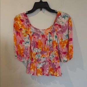 Wayf Floral Puff Sleeve Blouse - Pink and Orange